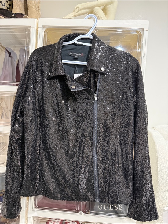 Colleen Lopez Jackets & Blazers - Colleen Lopez Black Sequin Moto Jacket with Asymmetrical Zip